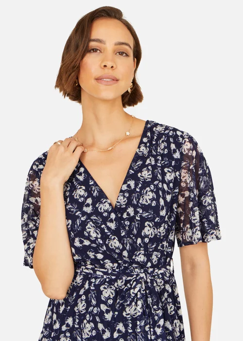 Yumi Navy Floral Mesh Wrap Dress - 16 Image 3