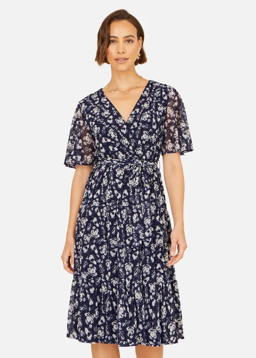 Yumi Navy Floral Mesh Wrap Dress - 16 Image 1