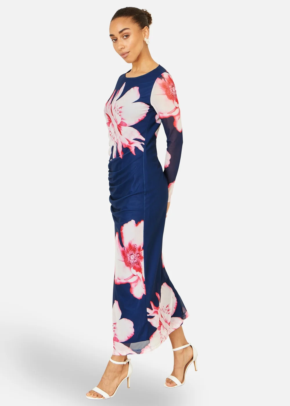 Yumi Navy Floral Placement Long Sleeve Mesh Maxi Dress - 14 Image 3