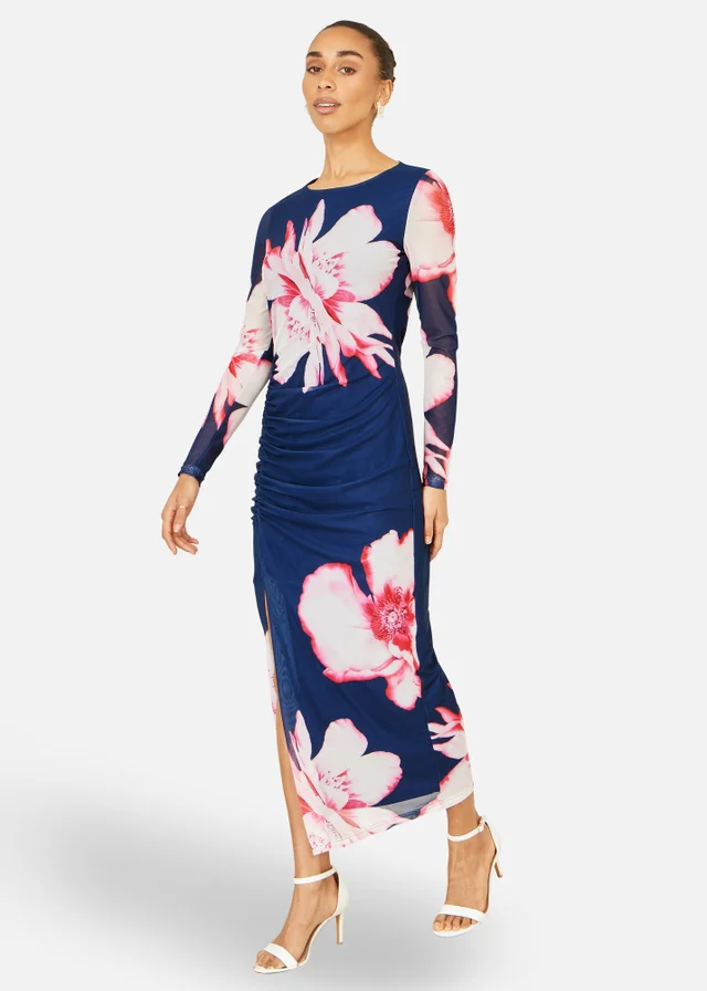 Yumi Navy Floral Placement Long Sleeve Mesh Maxi Dress