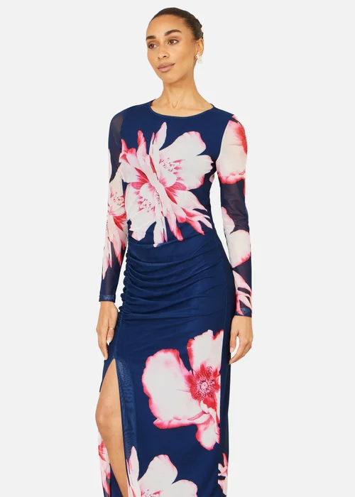 Yumi Navy Floral Placement Long Sleeve Mesh Maxi Dress - 14 Image 2