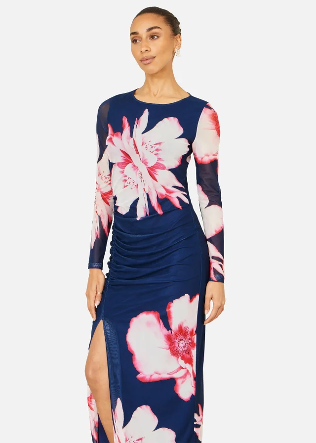 Yumi Navy Floral Placement Long Sleeve Mesh Maxi Dress