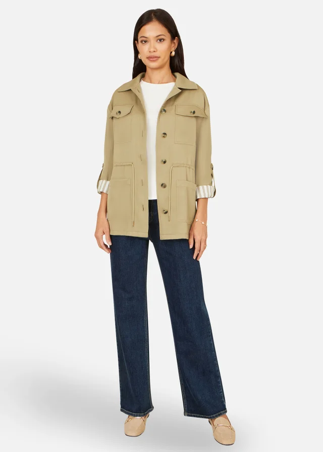 Yumi Green Utility Jacket With Drawstring Waist & Stripe Lining