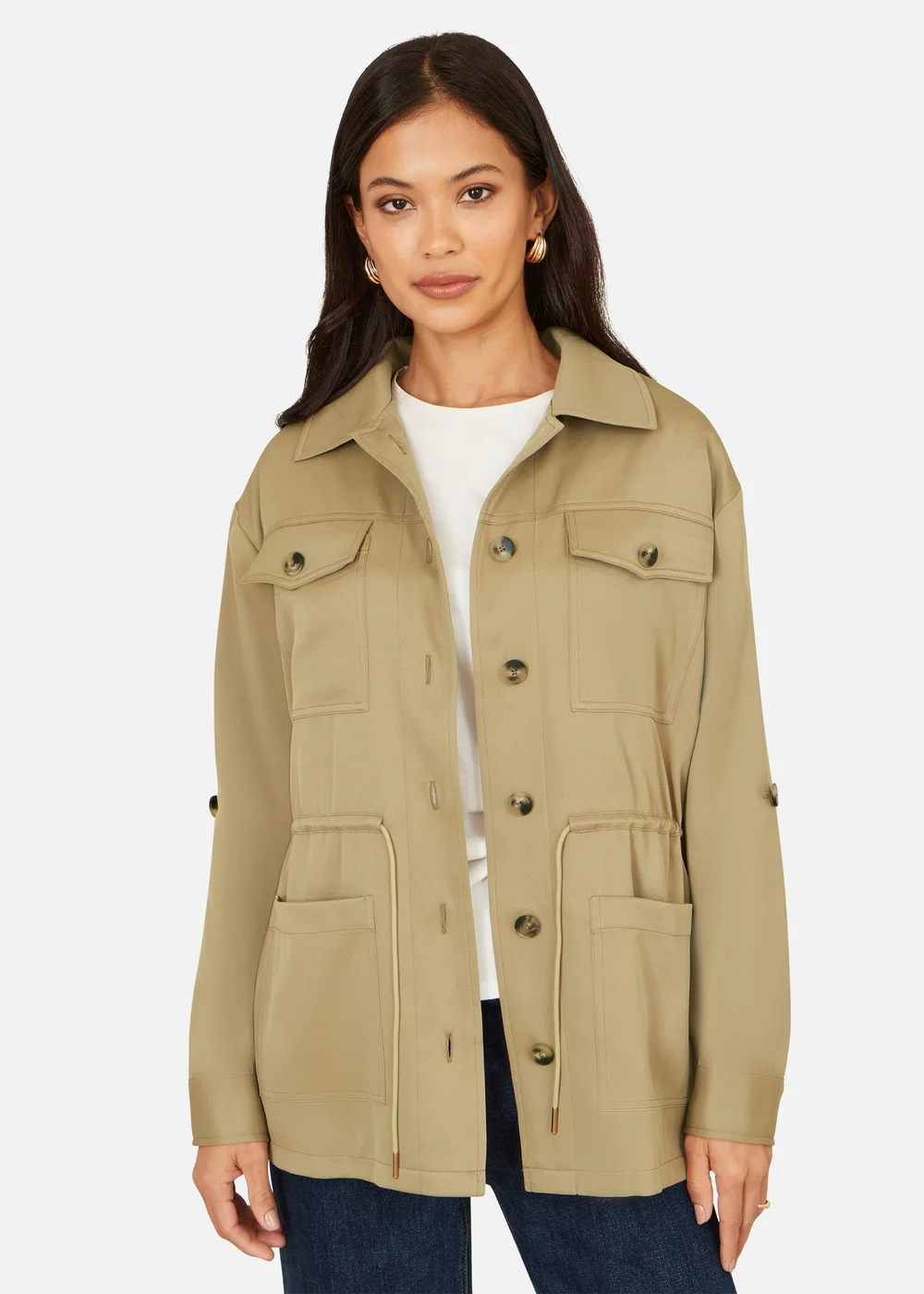 Yumi Green Utility Jacket With Drawstring Waist & Stripe Lining - 18 Image 1