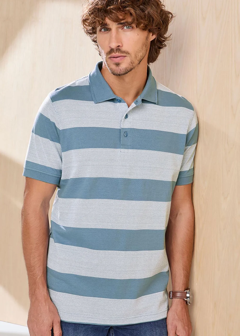 Cotton Traders Coastal Blue Signature Short Sleeve Textured Stripe Polo Shirt - 2XL Image 1
