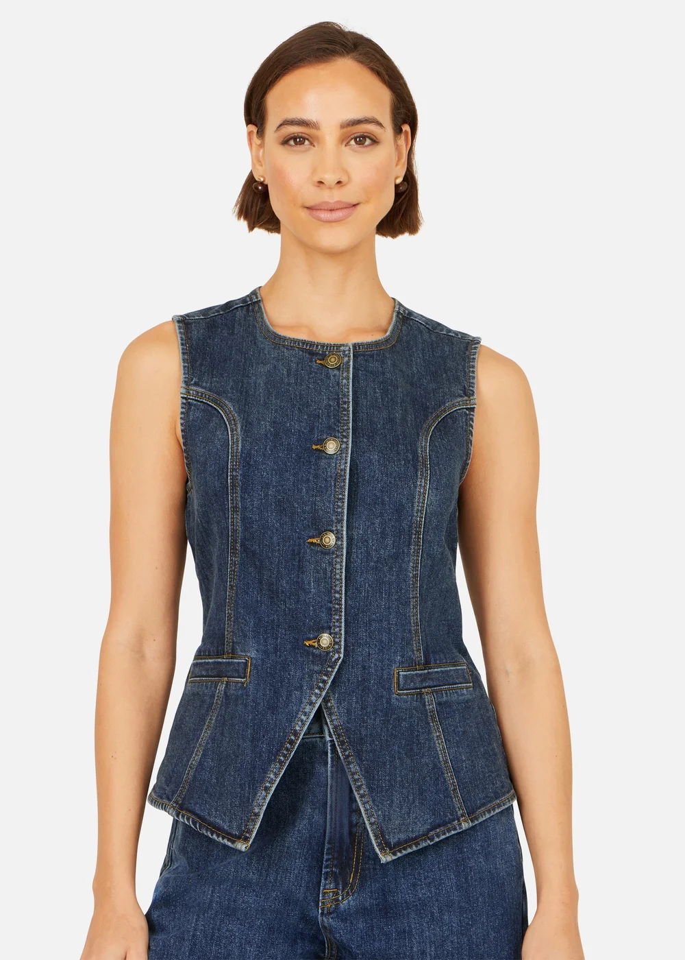 Yumi Blue Stretch Long Denim Waistcoat - 16 Image 3