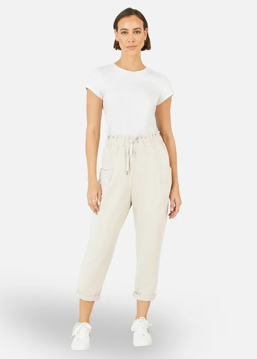 Yumi Cream Cotton Relaxed Stretch Trousers With Pockets - M Image 1