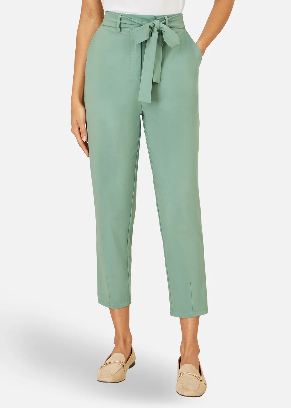 Yumi Green Stretch Capri Pants With Tie Belt - 12 Image 2