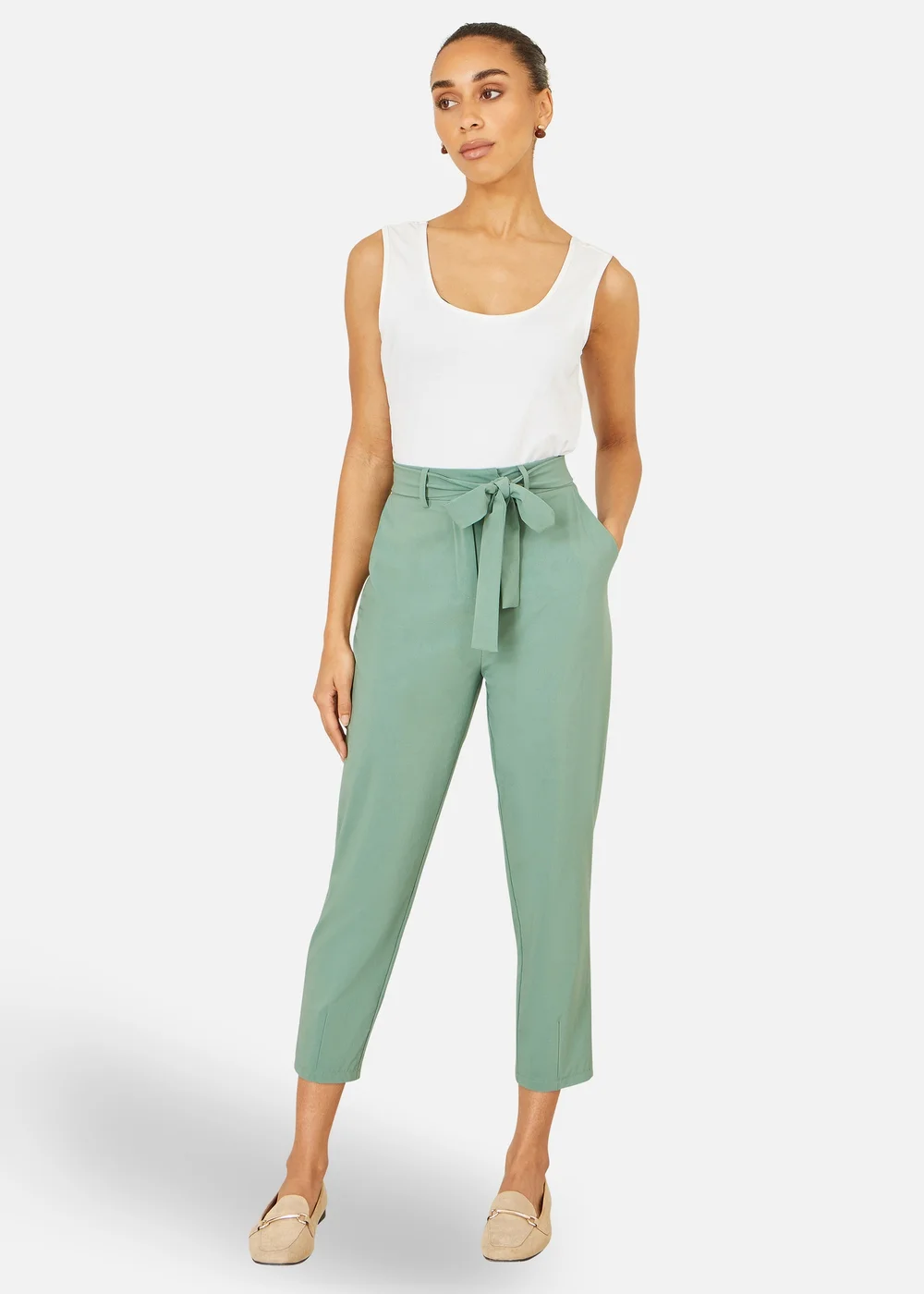 Yumi Green Stretch Capri Pants With Tie Belt - 12 Image 3
