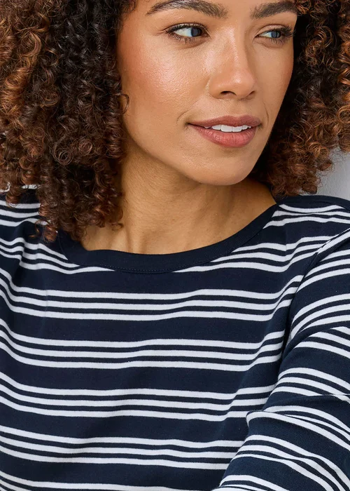 Cotton Traders Navy Wrinkle Free 3/4 Sleeve Boat Neck Stripe Top - 20 Image 2