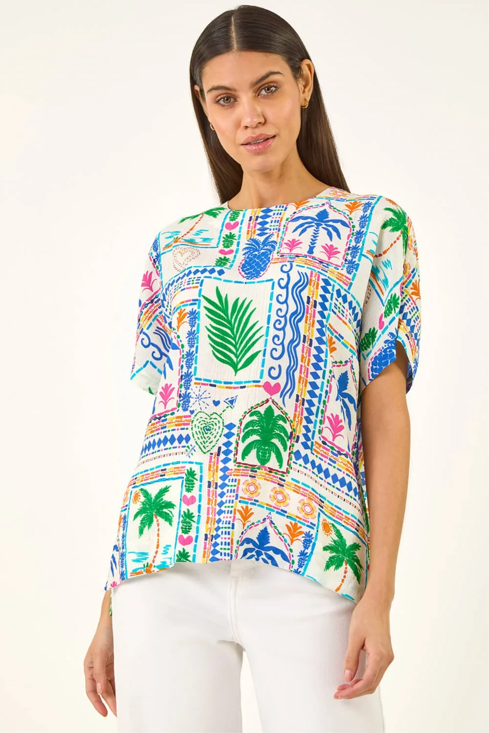 Roman Blue Palm Patchwork Print Tunic Top - 20 Image 4