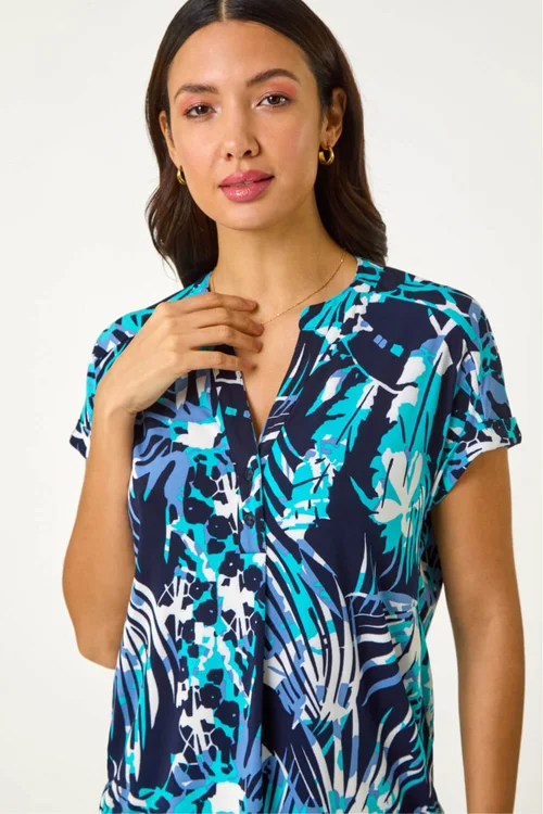 Roman Blue Textured Abstract Print Top - 12 Image 4