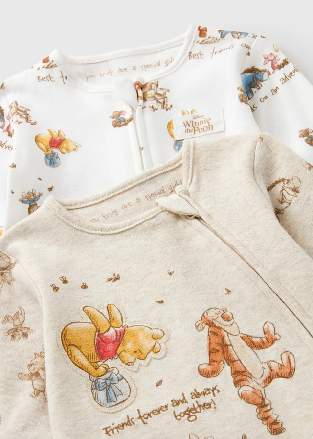 Disney Winnie The Pooh 2 Pack Baby Cream Zip Up Sleepsuits (0-18mths)