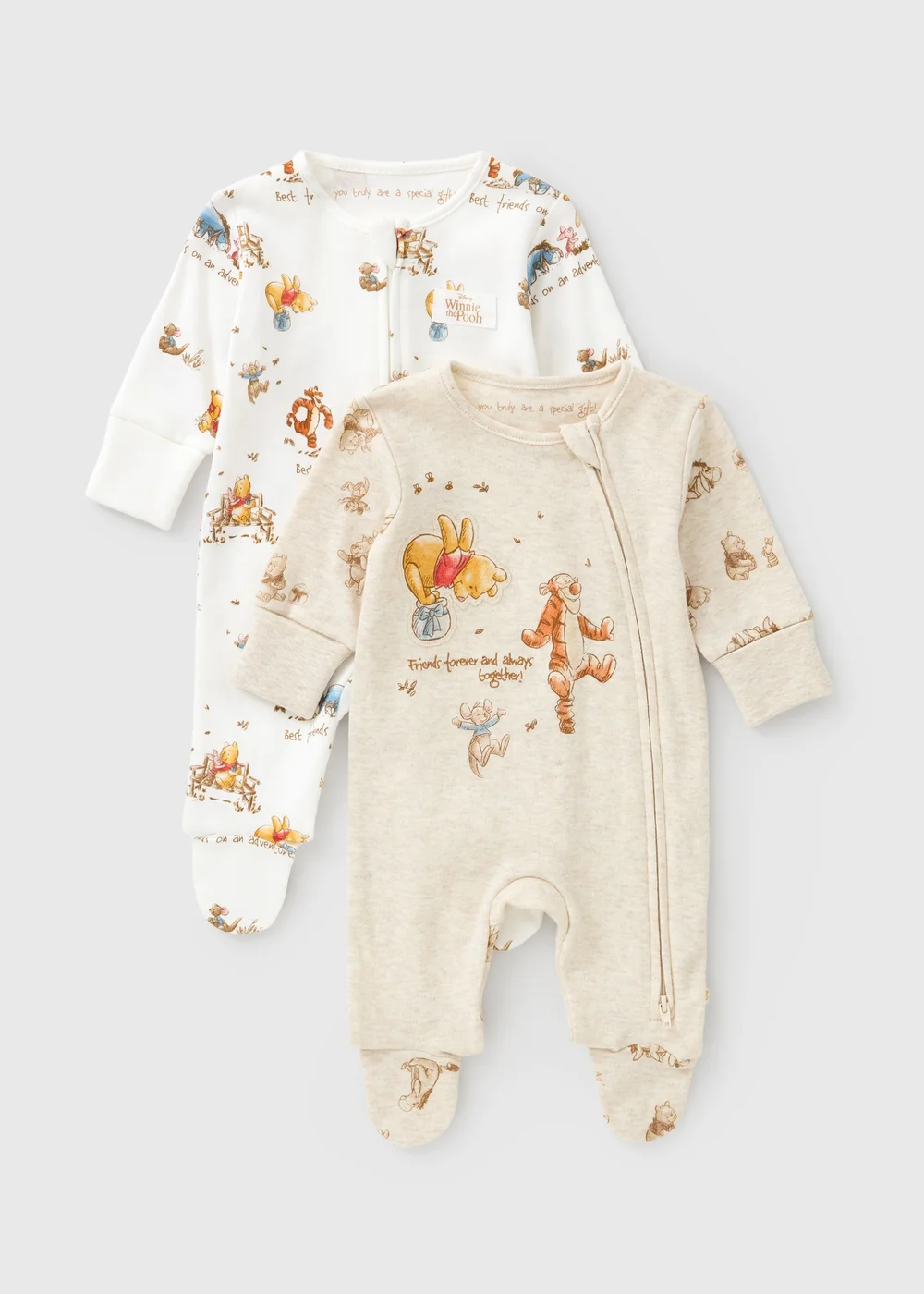 Disney Winnie The Pooh 2 Pack Baby Cream Zip Up Sleepsuits (0-18mths) - First Size Image 1