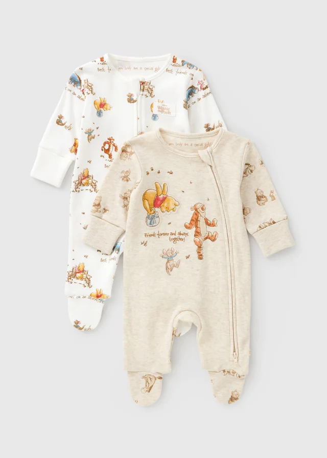 Disney Winnie The Pooh 2 Pack Baby Cream Zip Up Sleepsuits (0-18mths)