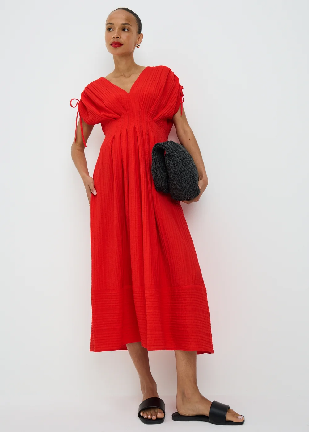 Red Textured Cinched Waist Midaxi Dress - 8 Image 1