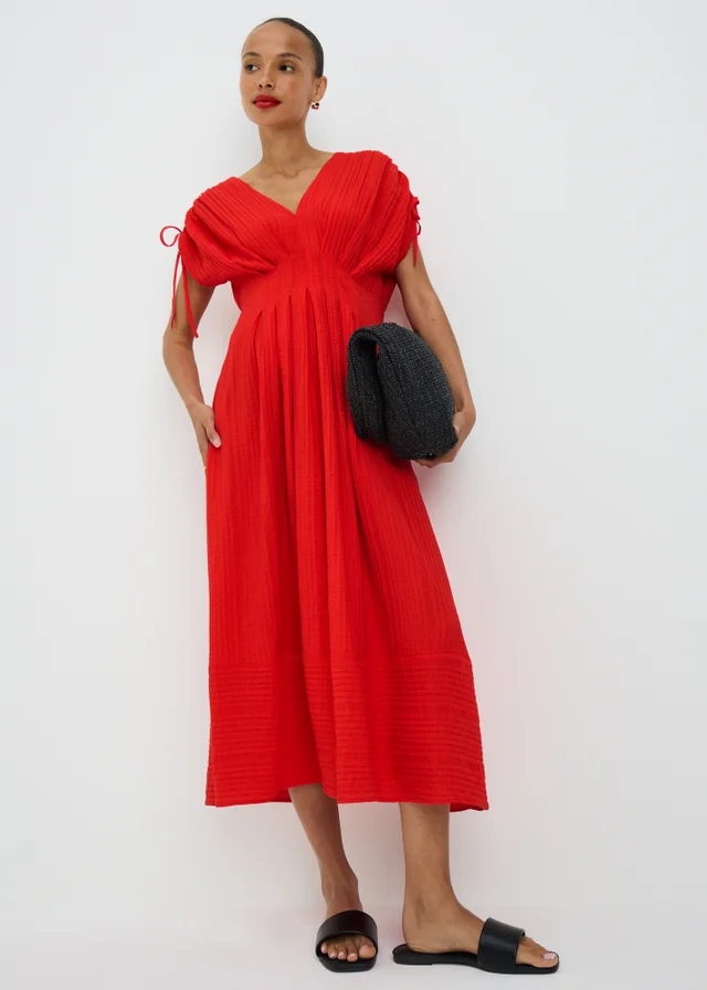 Red Textured Cinched Waist Midaxi Dress