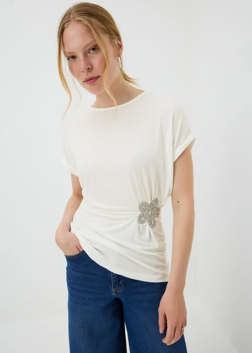 White Embellished Flower Waist Top - Size 8 Image 1