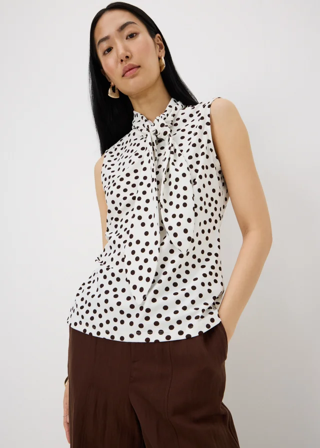 Cream Polka Dot Scarf Neck Vest Top