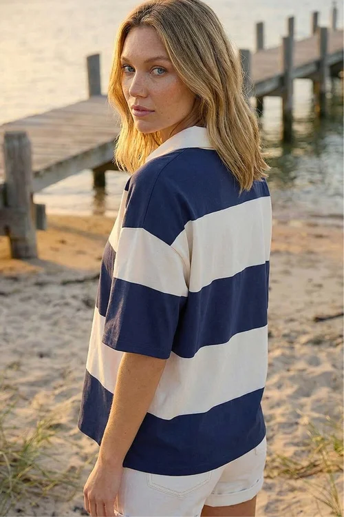Roman Navy Collared Stripe T-Shirt - 10 Image 3