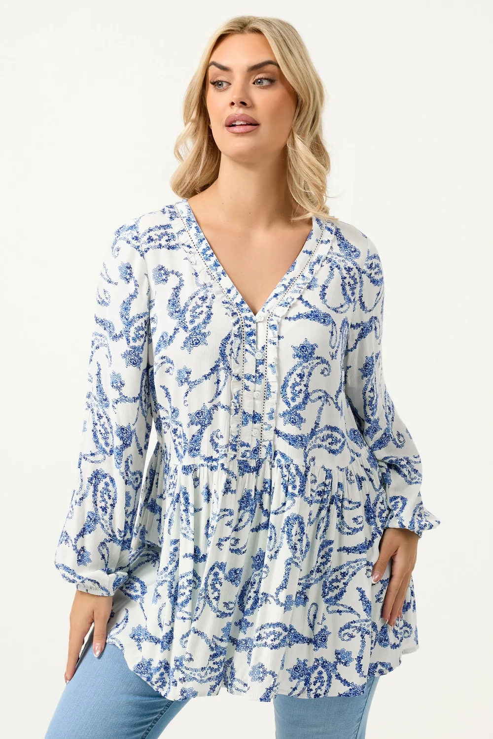 Yours Curve Blue Paisley Print Ruffle Blouse - 14 Image 1