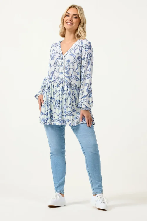 Yours Curve Blue Paisley Print Ruffle Blouse - 14 Image 2