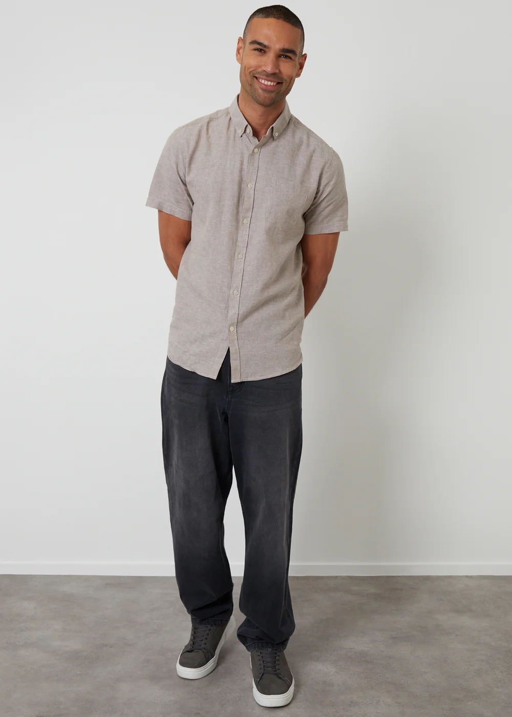 Threadbare Taupe Short Sleeve Linen Blend Shirt - M Image 3