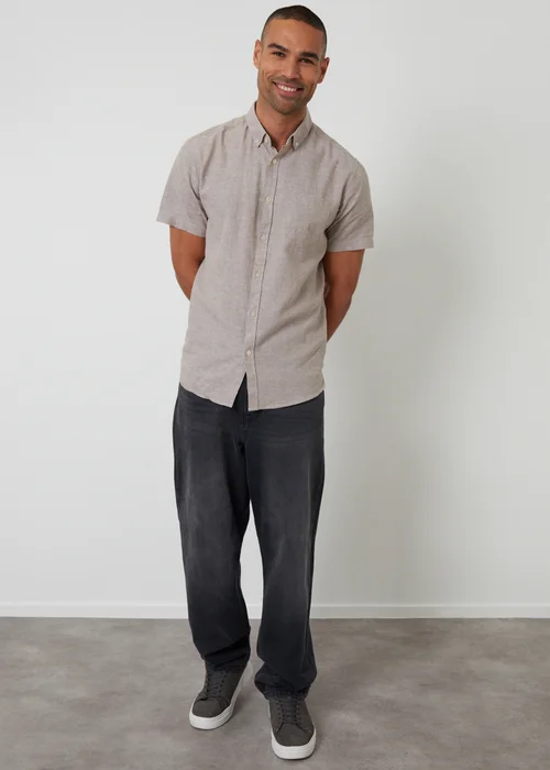 Threadbare Taupe Short Sleeve Linen Blend Shirt - M Image 3