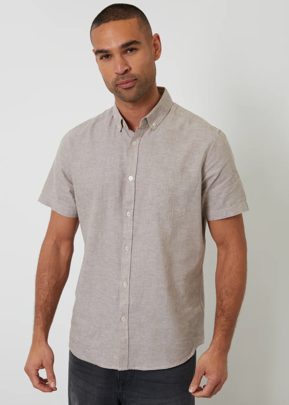 Threadbare Taupe Short Sleeve Linen Blend Shirt - M Image 1