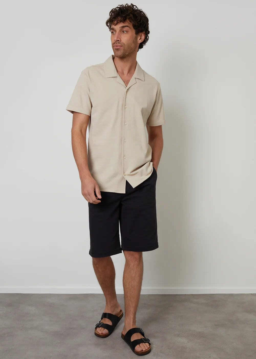 Threadbare Stone Cotton Pique Revere Collar Short Sleeve Shirt - XL Image 3