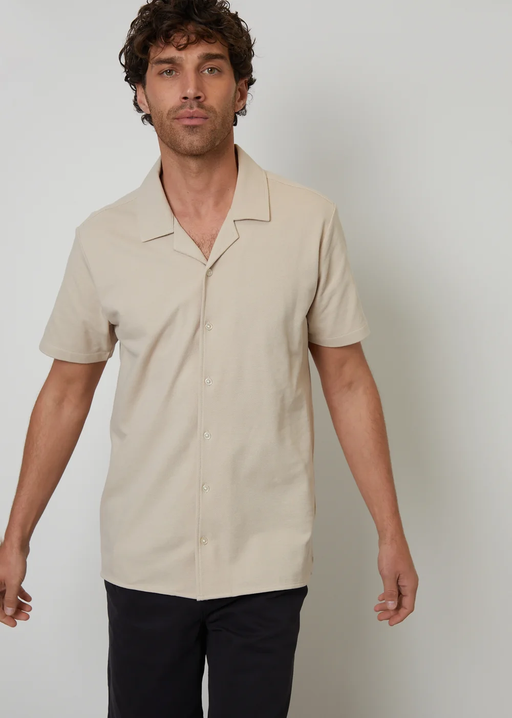 Threadbare Stone Cotton Pique Revere Collar Short Sleeve Shirt - XL Image 1