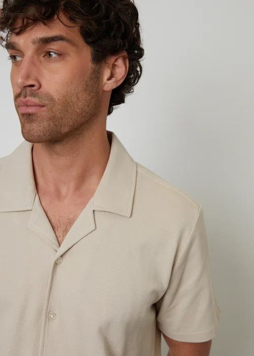 Threadbare Stone Cotton Pique Revere Collar Short Sleeve Shirt - XL Image 4