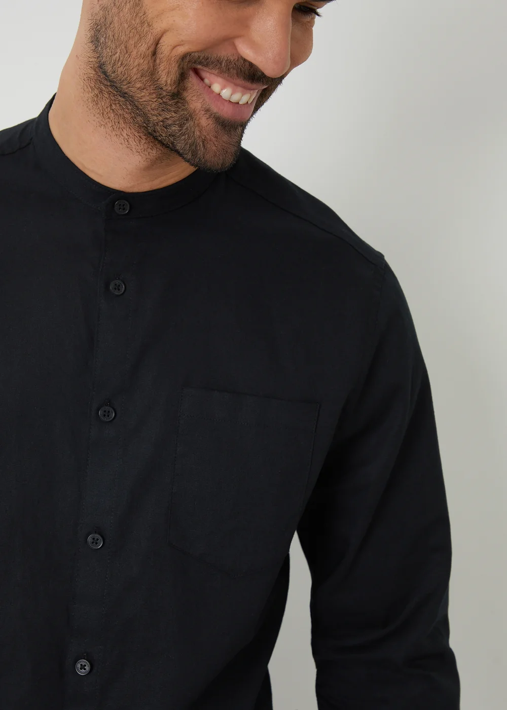 Threadbare Black Linen Blend Long Sleeve Grandad Collar Shirt - L Image 4