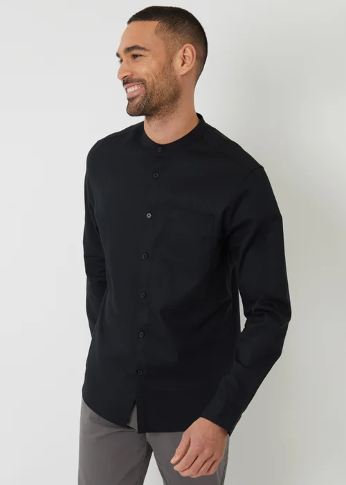 Threadbare Black Linen Blend Long Sleeve Grandad Collar Shirt - L Image 1