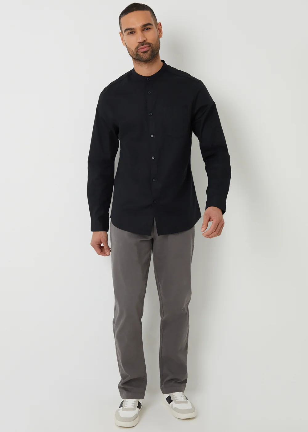 Threadbare Black Linen Blend Long Sleeve Grandad Collar Shirt - L Image 3