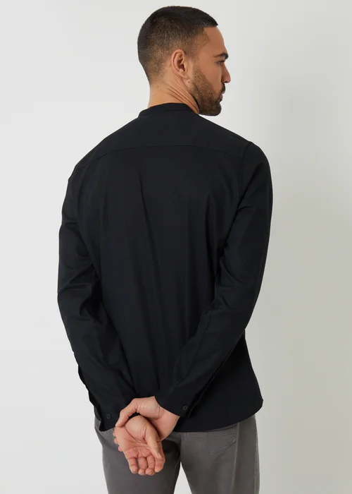 Threadbare Black Linen Blend Long Sleeve Grandad Collar Shirt - L Image 2