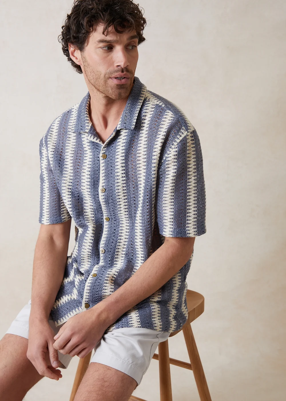 Threadbare Blue Crochet Relaxed Fit Short Sleeve Shirt - L Image 3