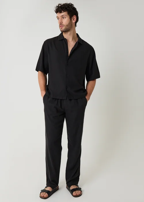 Threadbare Black Boxy Fit Linen Blend Short Sleeve Shirt - L Image 3