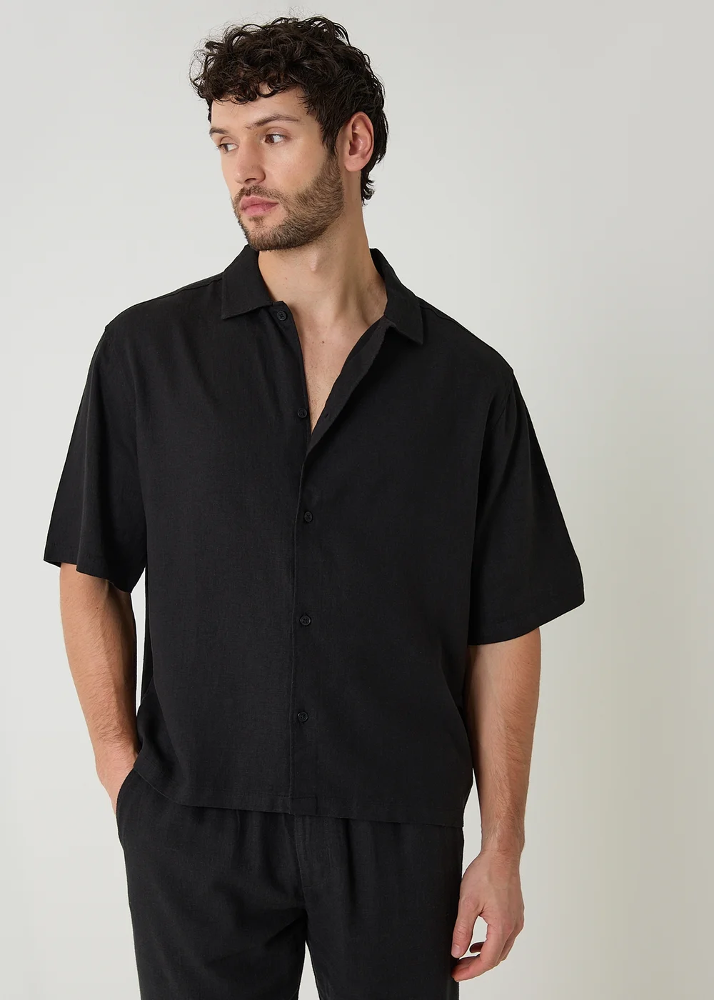 Threadbare Black Boxy Fit Linen Blend Short Sleeve Shirt - L Image 1