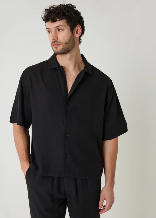 Threadbare Black Boxy Fit Linen Blend Short Sleeve Shirt - L Image 1