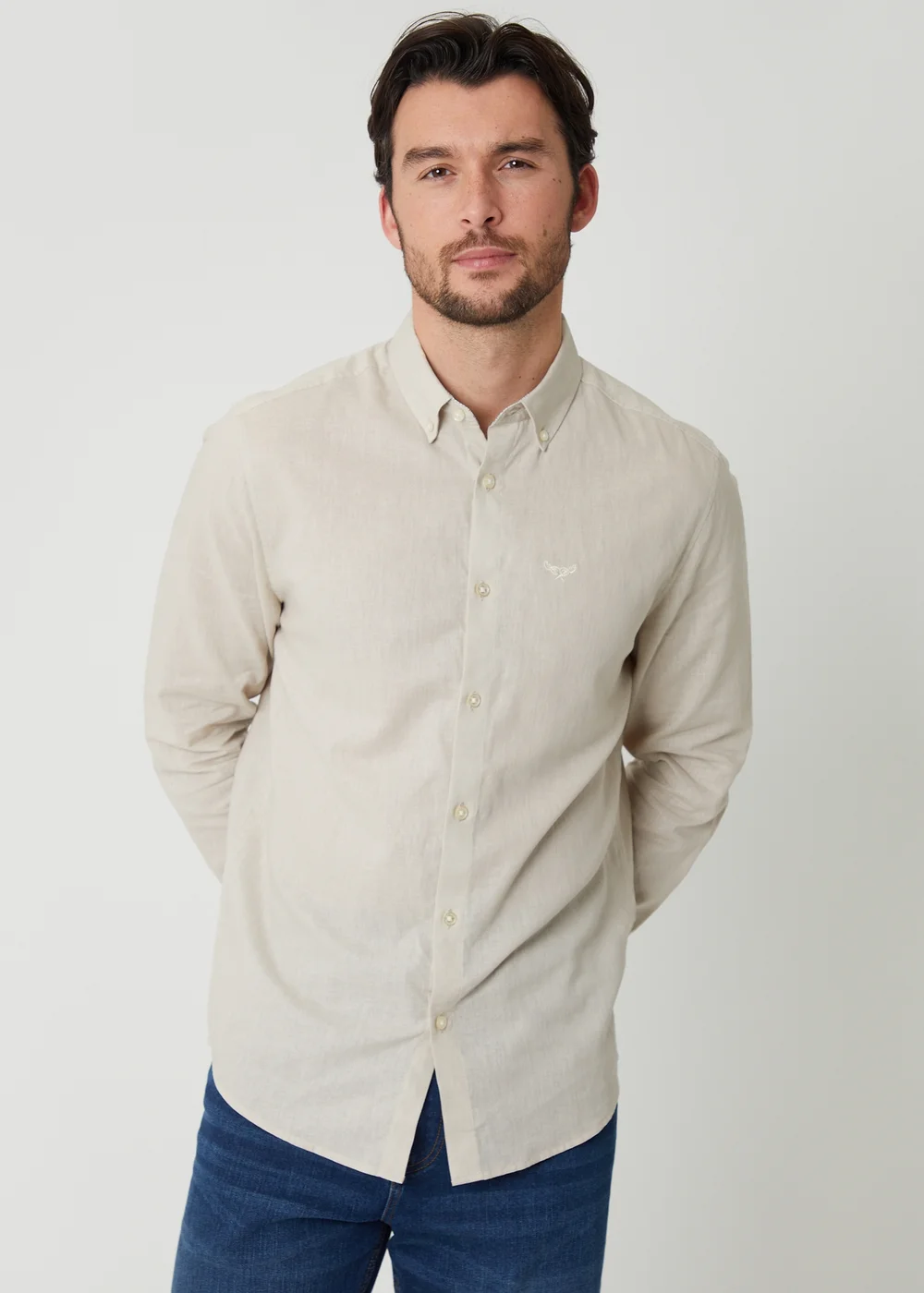 Threadbare Stone Linen Blend Long Sleeve Shirt - M Image 1