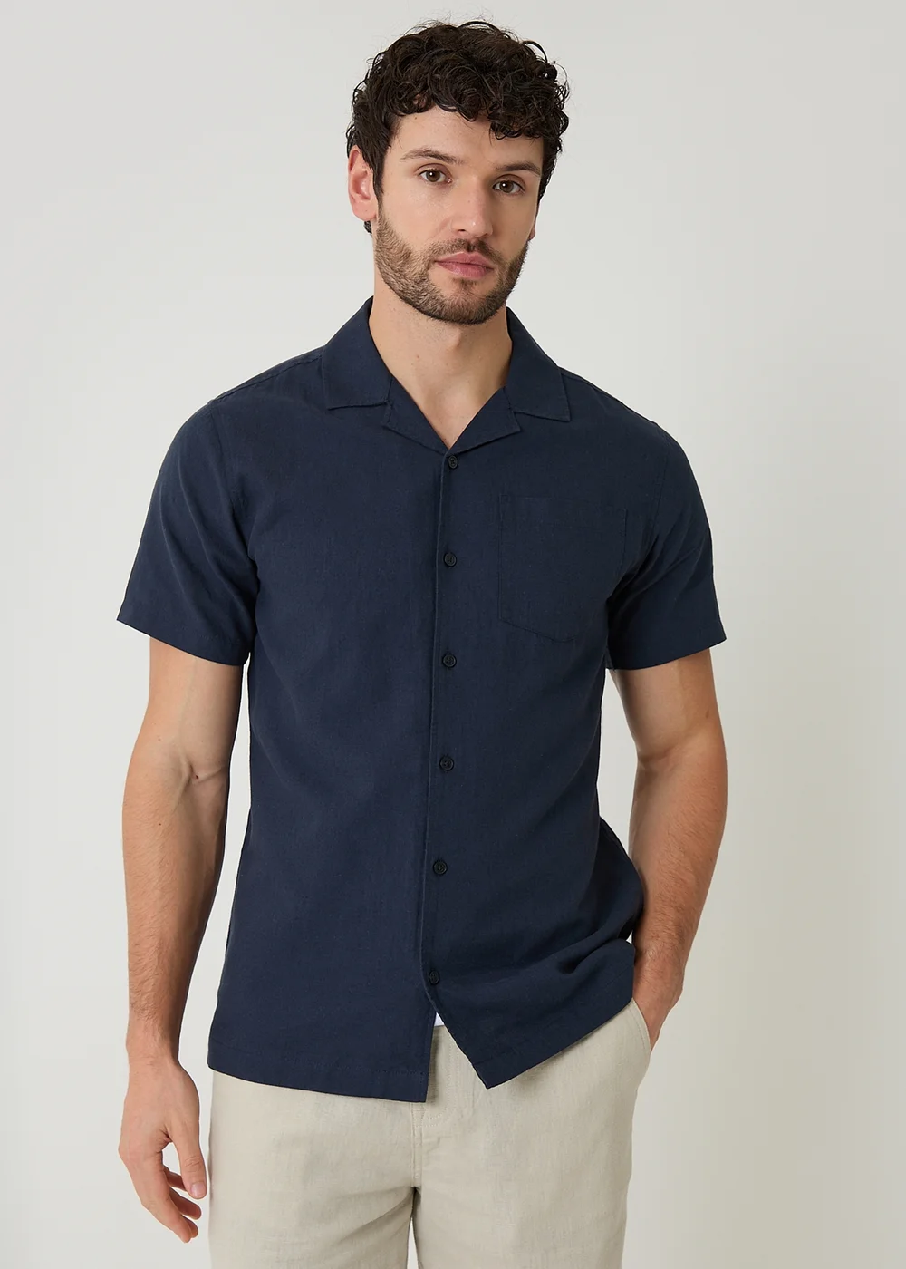 Threadbare Navy Linen Cotton Blend Short Sleeve Shirt - S Image 1