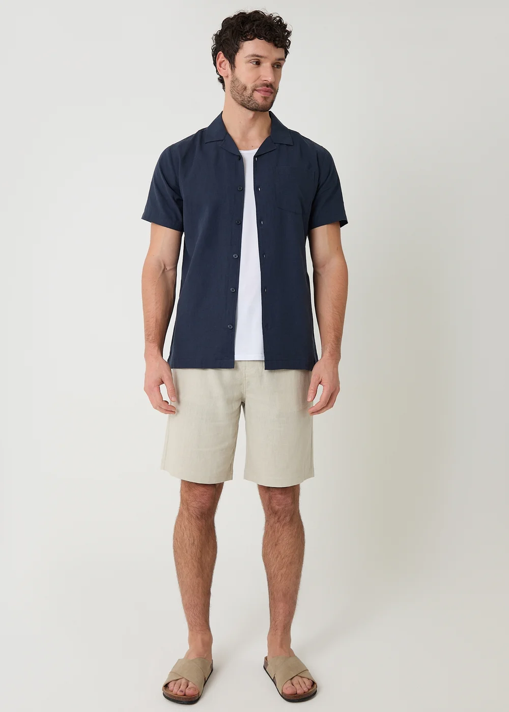 Threadbare Navy Linen Cotton Blend Short Sleeve Shirt - S Image 3