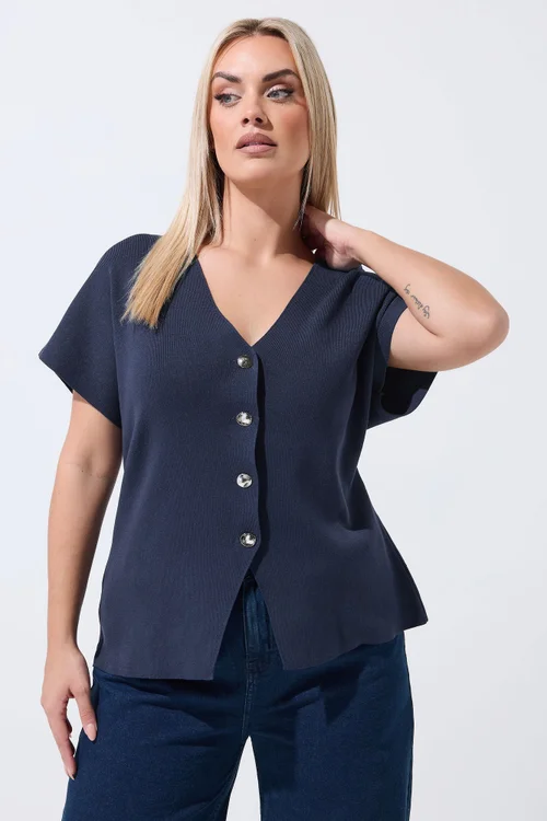 Yours Limited Curve Navy Blue Short Sleeve Knitted Top - 20 Image 1