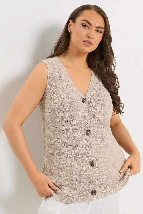 Yours Curve Natural Brown Button Through Knitted Waistcoat - 26-28 Image 1