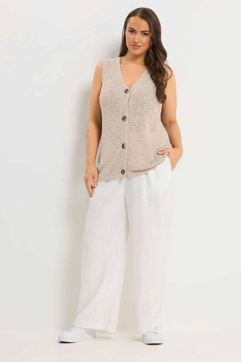 Yours Curve Natural Brown Button Through Knitted Waistcoat - 26-28 Image 3