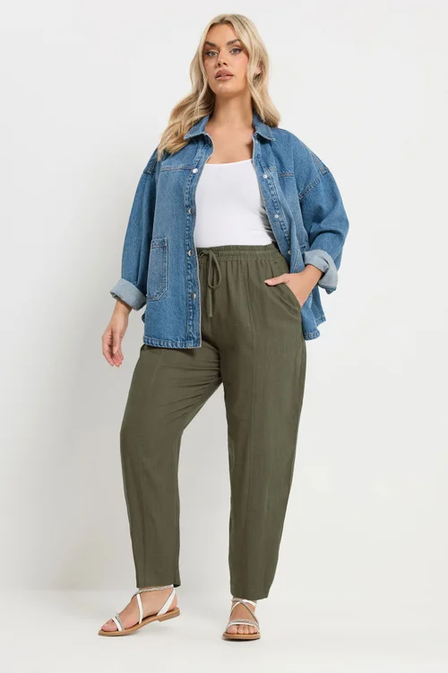 Yours Curve Olive Green Barrel Leg Linen Trousers - 22-24 Image 2