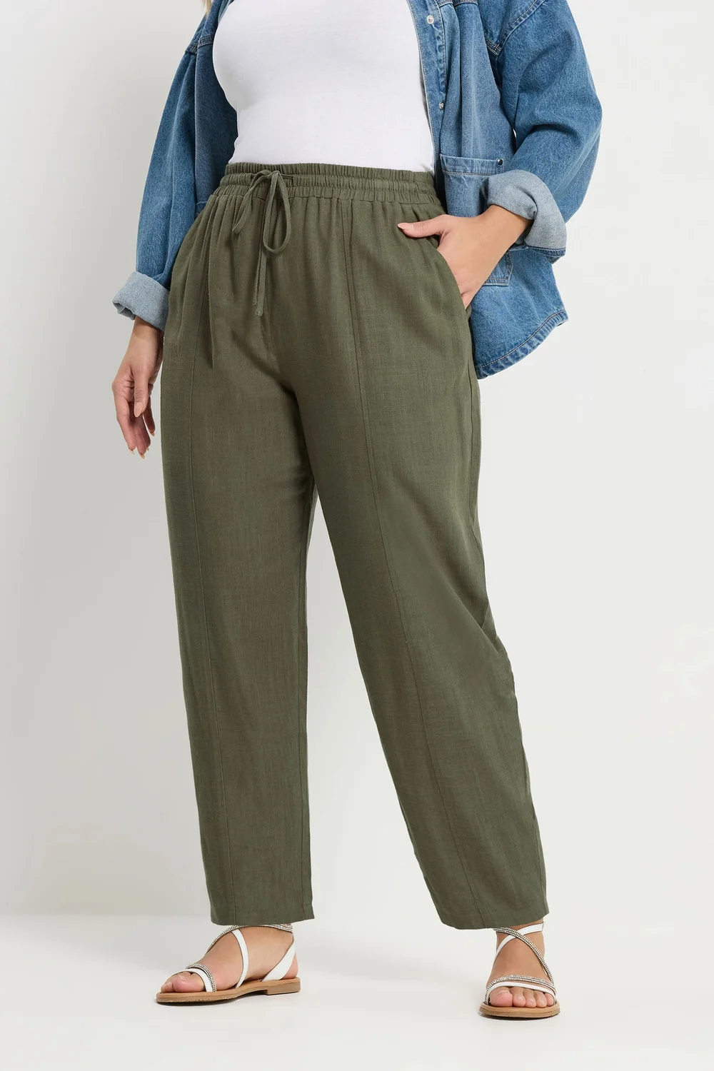 Yours Curve Olive Green Barrel Leg Linen Trousers - 22-24 Image 1