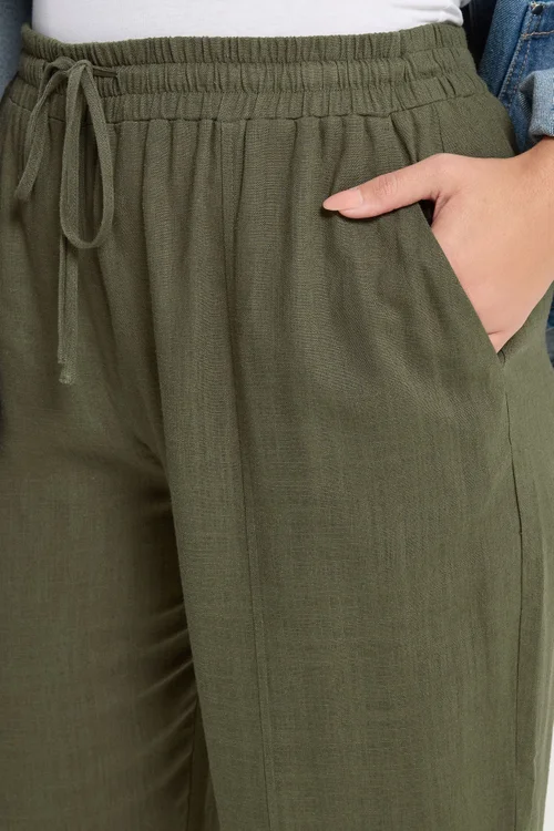 Yours Curve Olive Green Barrel Leg Linen Trousers - 22-24 Image 5