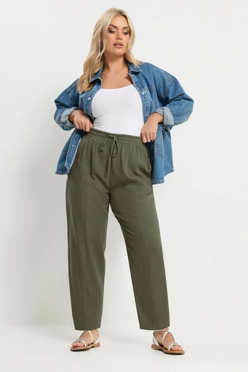Yours Curve Olive Green Barrel Leg Linen Trousers - 22-24 Image 3